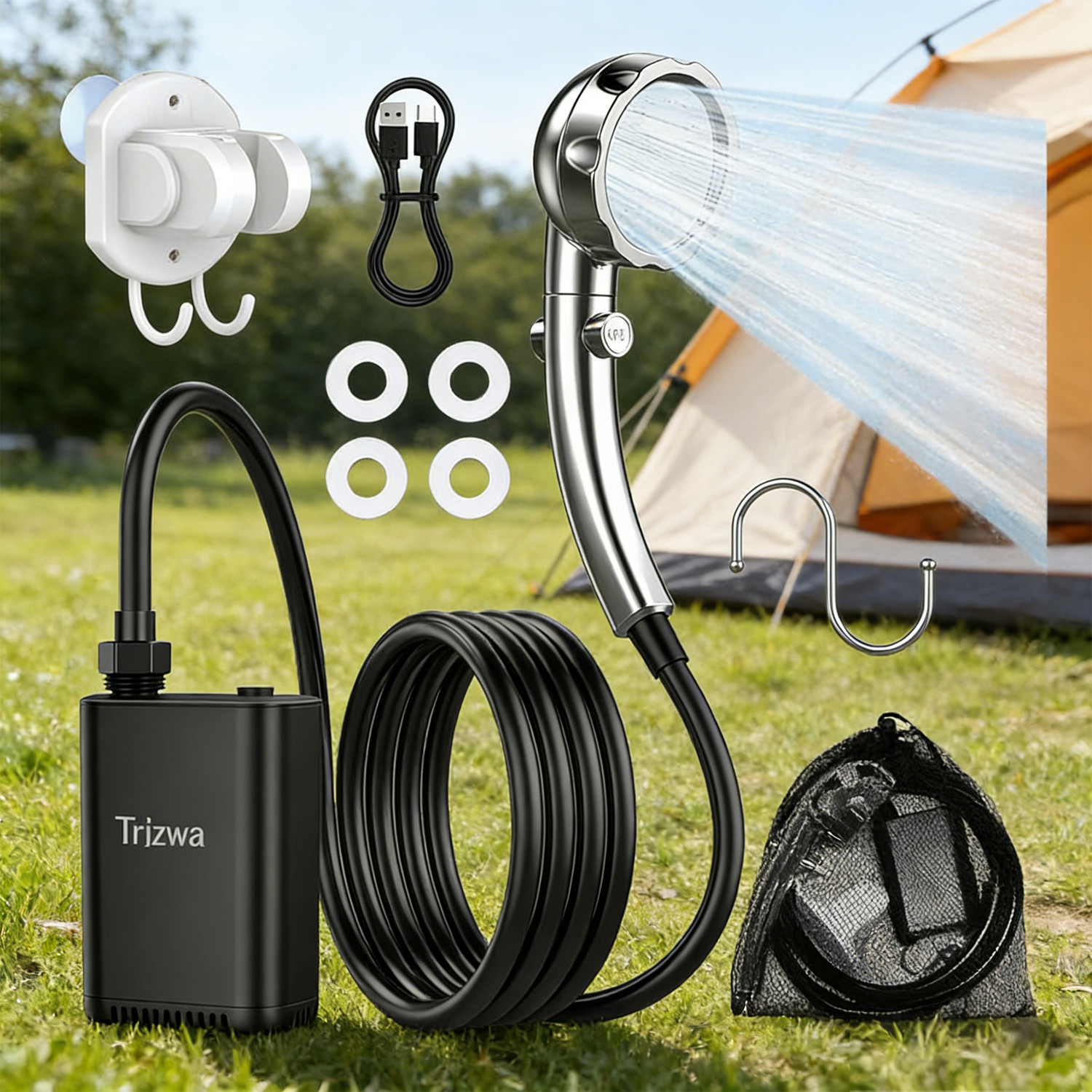 Camping Shower Pump Portable Rechargeable, Adjustable Shower Head Outdoor Travel