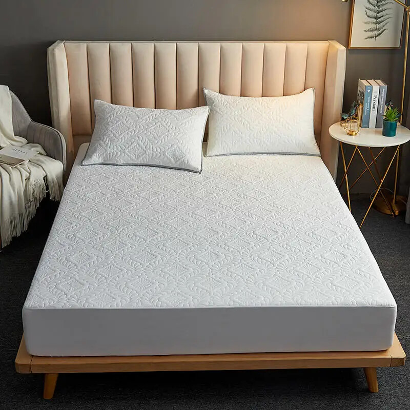 Quilted Fitted Bed Sheet With Elastic Mattress Cover Protector Solid Bed Cover