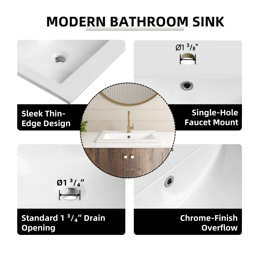 20"x18" White Drop-In Bathroom Sink Ceramic Rectangular with Single Faucet Hole