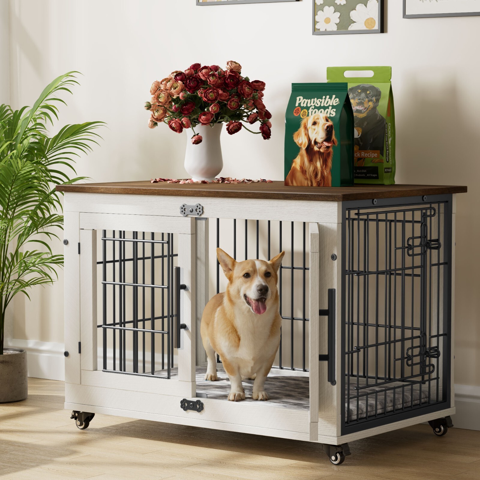Dog Crate Furniture Dog Kennel Indoor Double Doors Wooden Cage & Cushion White
