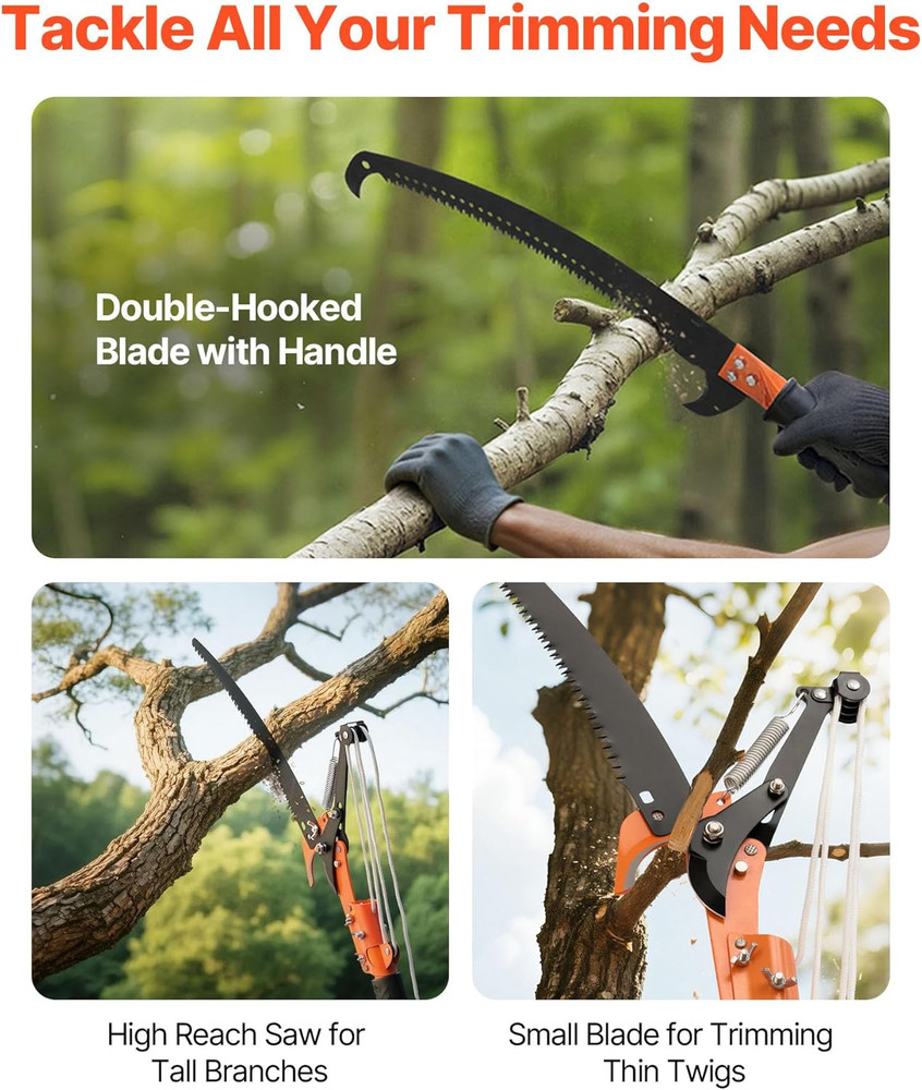Manual Pole Saw, 4.46-26.4 Ft Extendable Tree Pruner with Scissors, Sharp 65Mn S