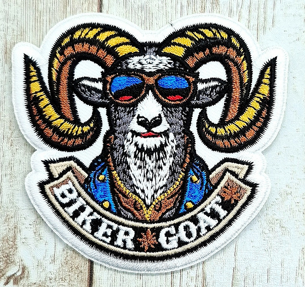 Biker Goat Iron On Embroidered Patch 3"x 2 7/8"