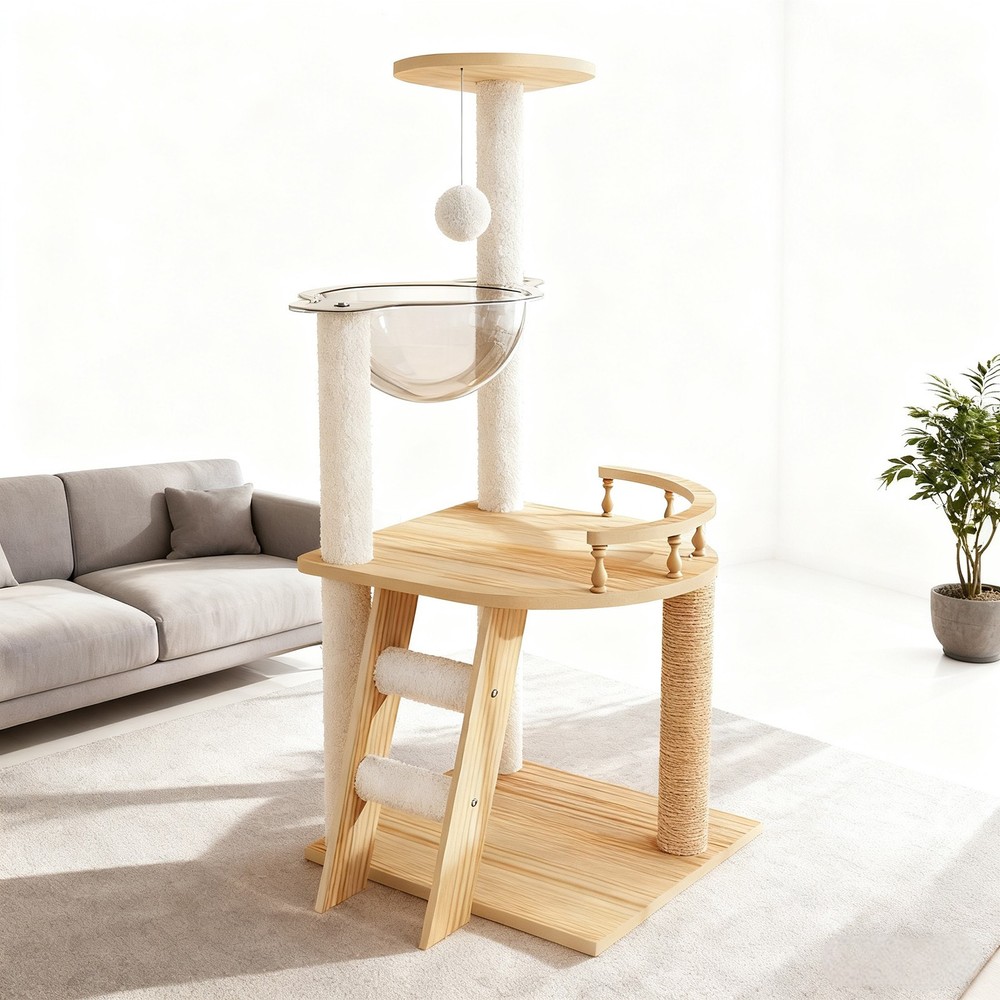 Modern Cat Tower 41.3" Wood Cat Tree with Scratching Posts Perch Hammock