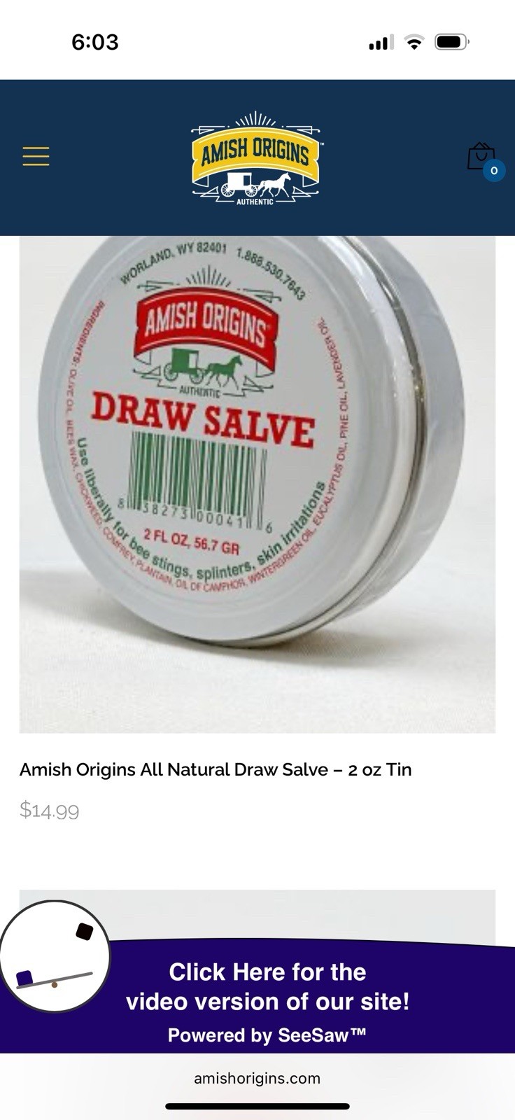 Amish Origins Original Natural Draw Salve Splinters Bee Stingers Skin Sores 2 oz