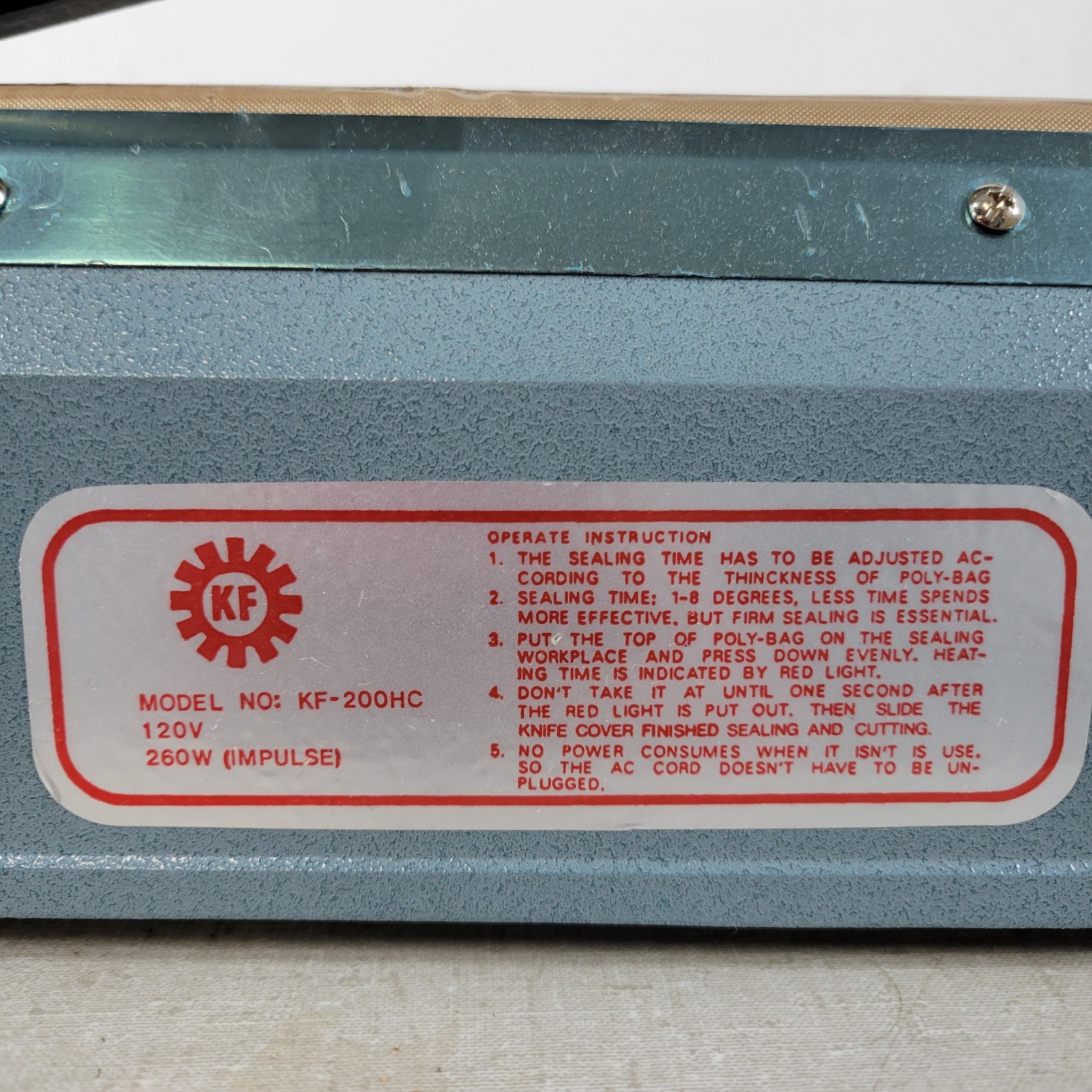 ULine Impulse Sealer KF- 200HC Poly-Bag Sealer with 8" Long Bag Cutter 120V