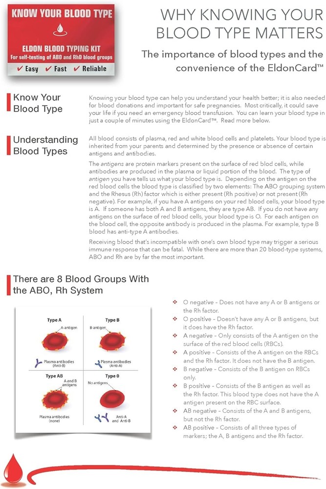 Home Blood Type Kit - Reliable A, B, O, AB & RH- Testing with Quick Results