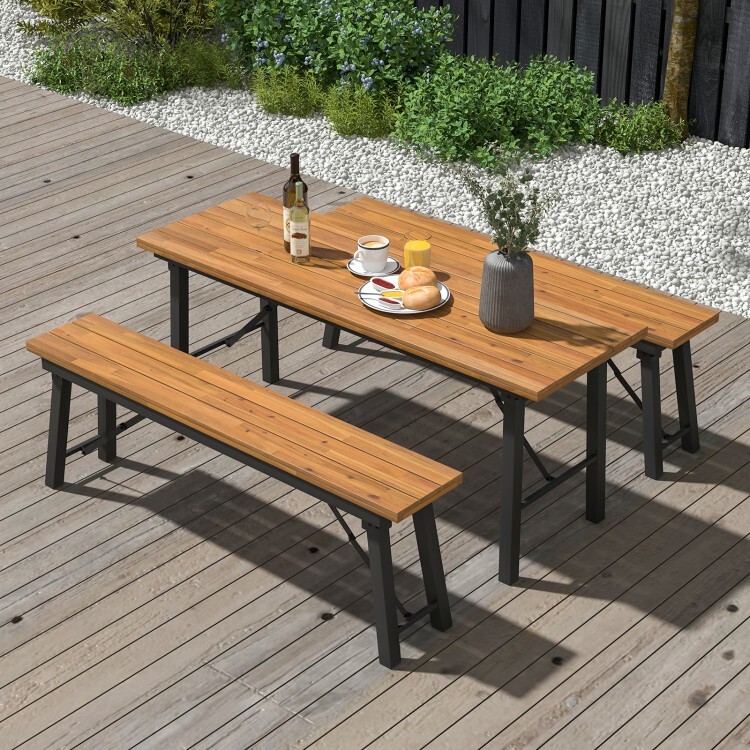 Outdoor Activities Patio Garden Foldable Dining Table Acacia Wood w/ Metal Frame