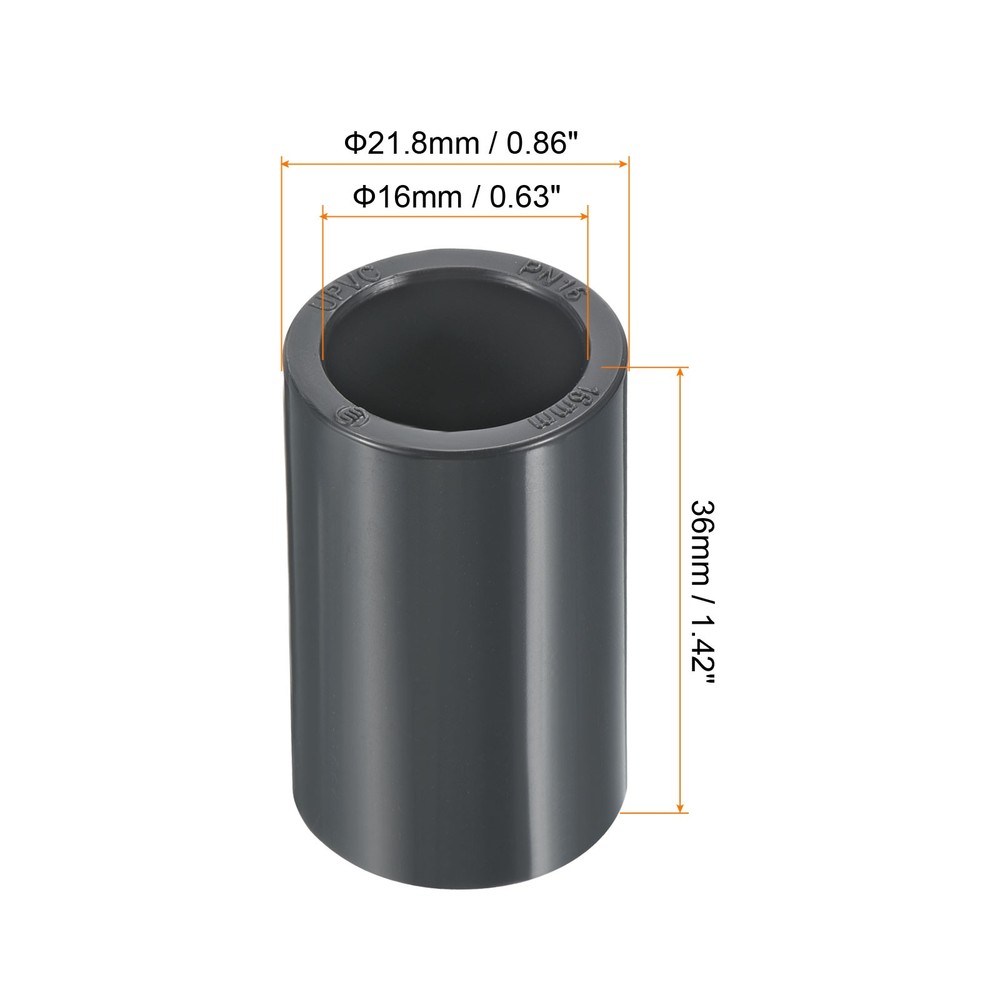 UPVC Pipe Fitting 16mm Socket, 4 Pack Straight Coupling, Dark Grey