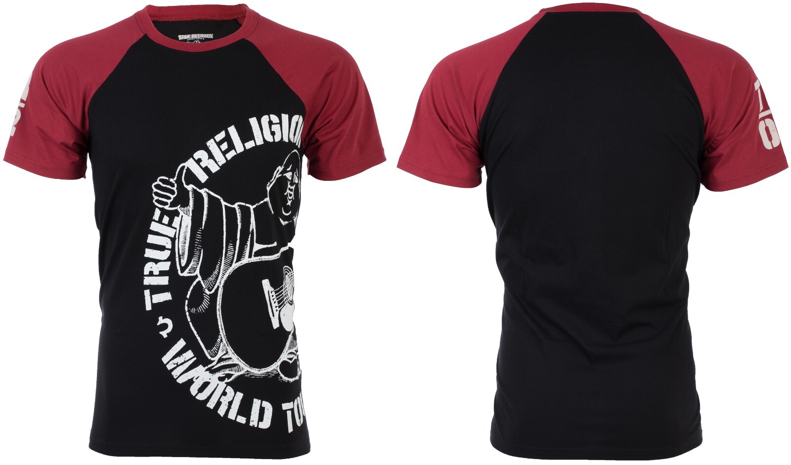 $79 TRUE RELIGION Black Red PART BUDDHA Short Sleeve Designer Raglan T-shirt NWT