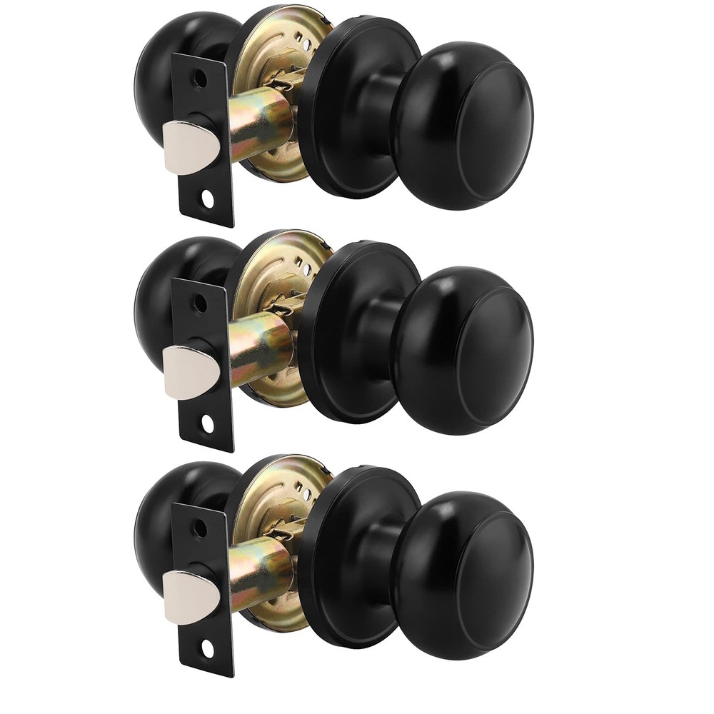 Probrico (3 Pack Round Passage Door Knob(Non-Locking Knobs), 3 Pack, Black