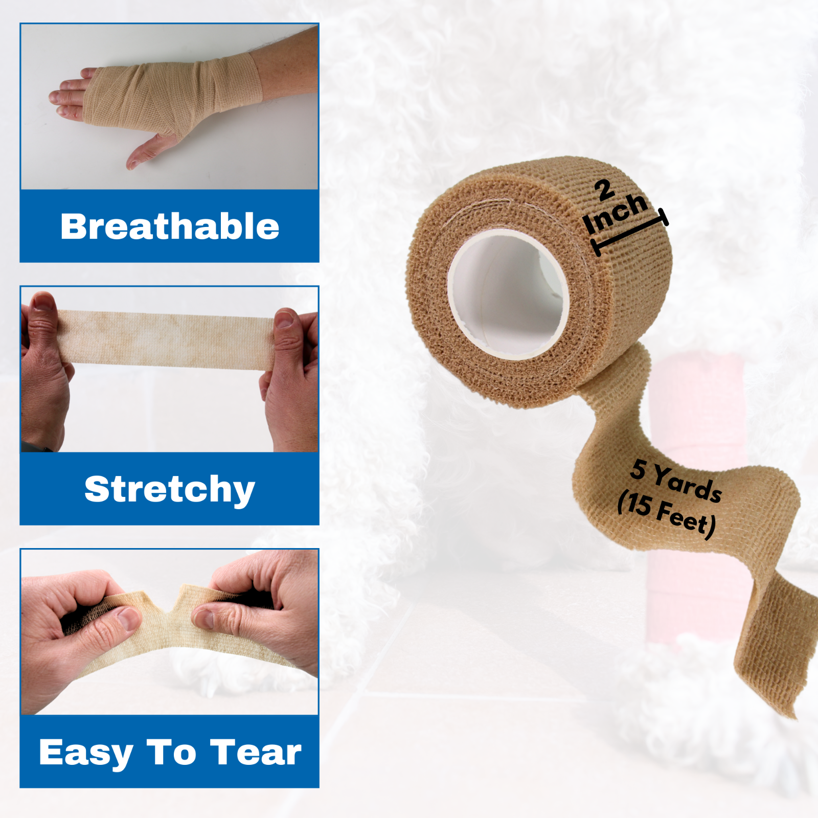 24-Rolls Self Adhesive Bandage Wrap, Vet Tape, Medical Tape (2 In x 5 Yds) Beige