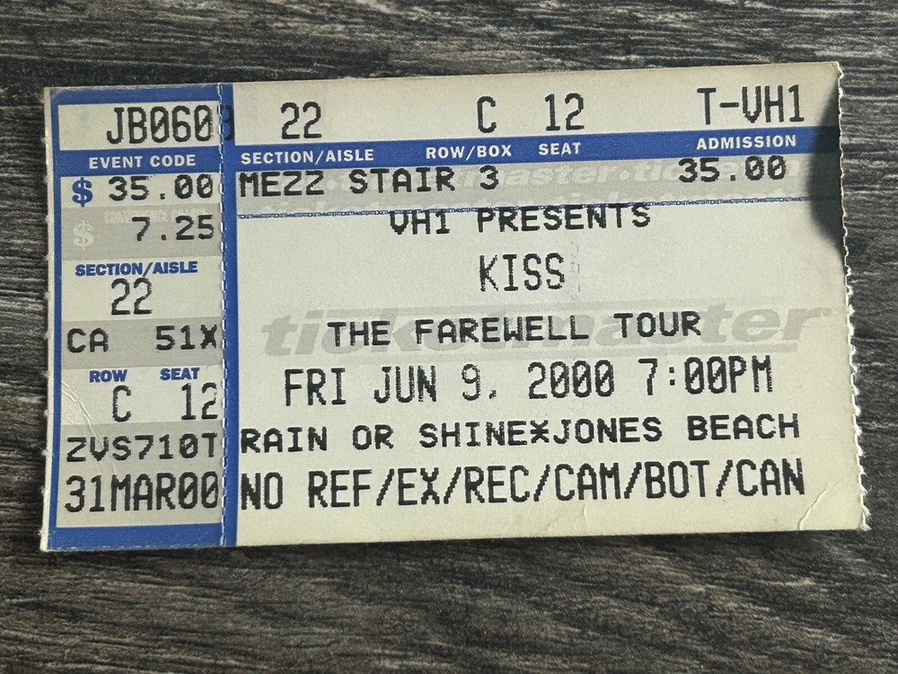 KISS Ticket Stub Farewell Tour Jones Beach NY Concert June 9 2000 Vintage Kiss