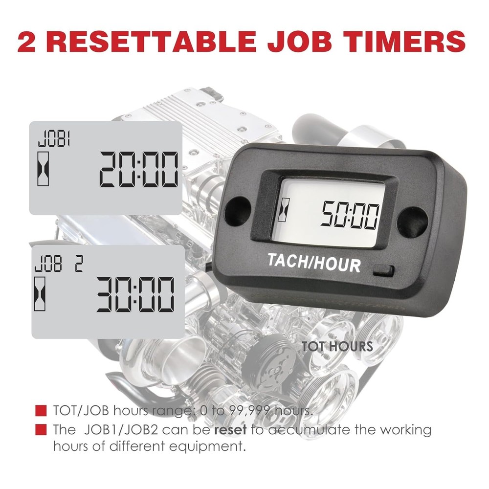 Tach Hour Meter Digital LCD Inductive Tachometer Timing Self-Powered IP68 Retail