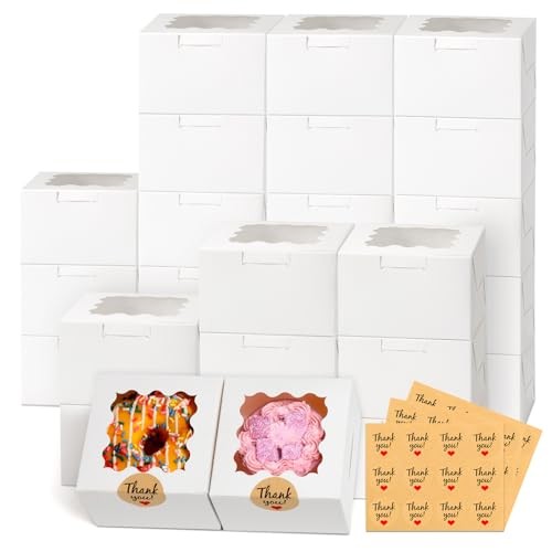 26pcs White Cookie Boxes with Window, 4x4x2.5 Inches Small Bakery Boxes with