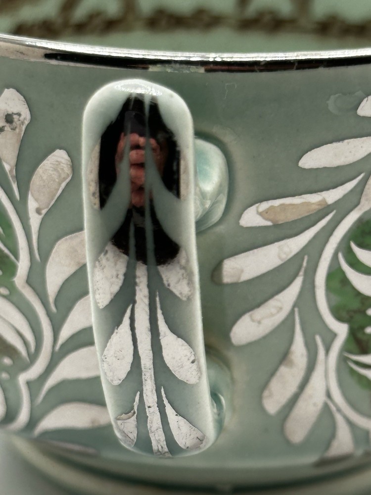 Rare Silver Overlay Pastoral Scene Poly Brown Transferware Cup