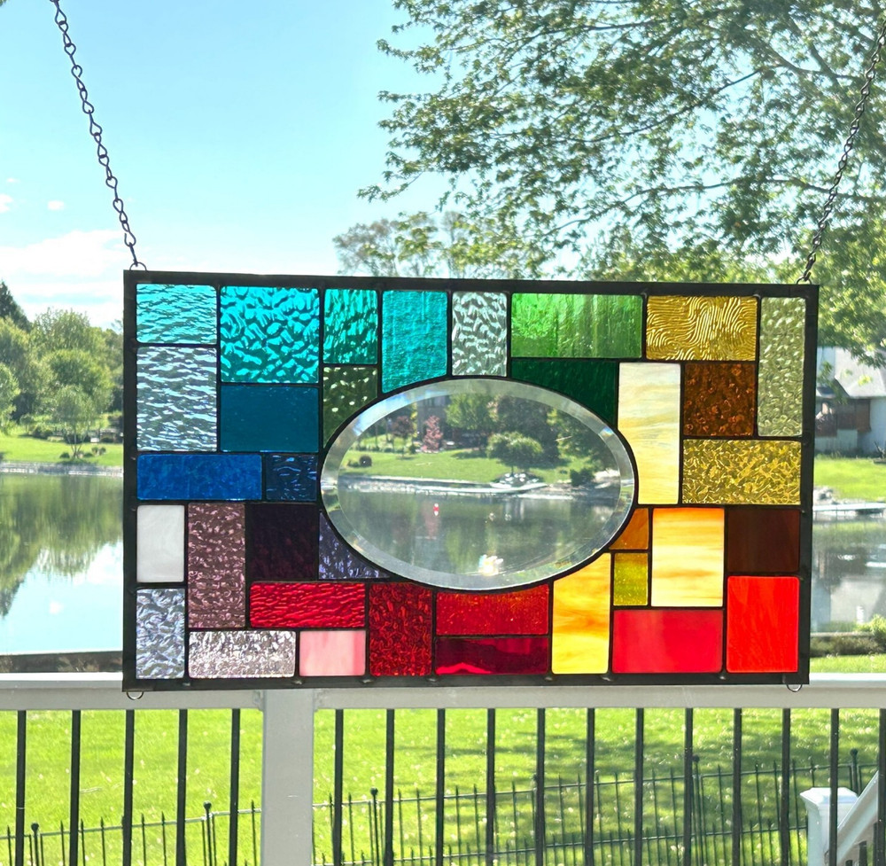 Stained glass window panel rainbow geometric 19 1/2 x 11 1/2