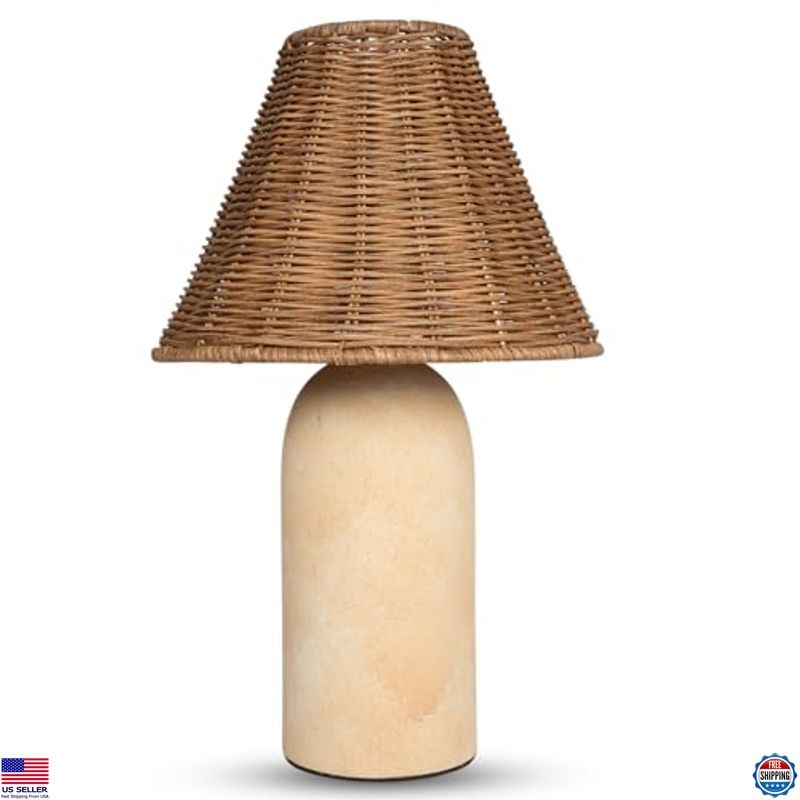 14" Mini Wicker Table Lamp - Ceramic Base, Rattan Shade, Dimmable Boho Light