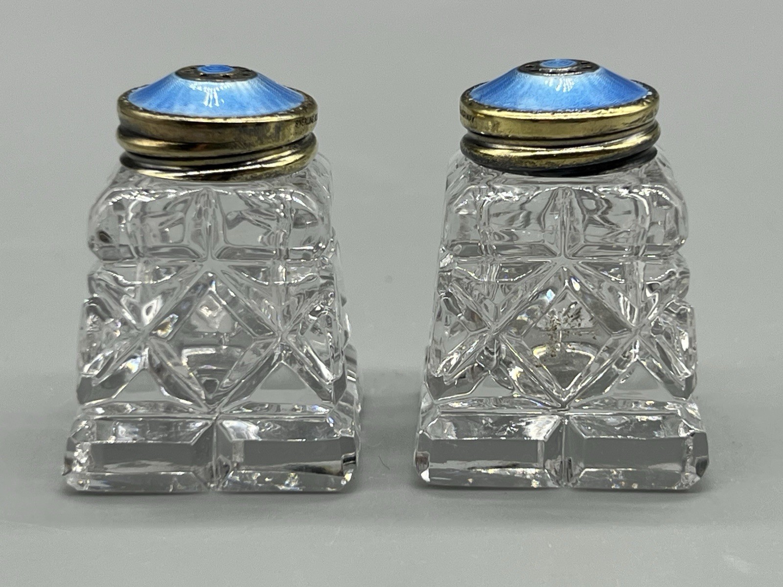 2 VTG Norway Sterling Silver Blue Guilloche Lids & Glass Salt Pepper Shakers