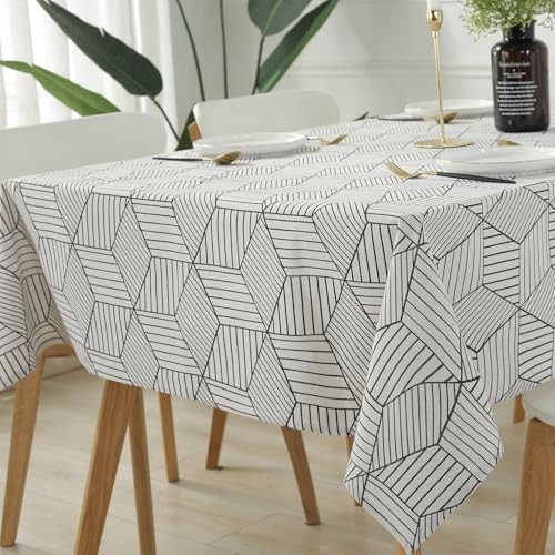 Rectangle Tablecloth, Cotton Linen Geometric 108" x 52" (Rectangular) White