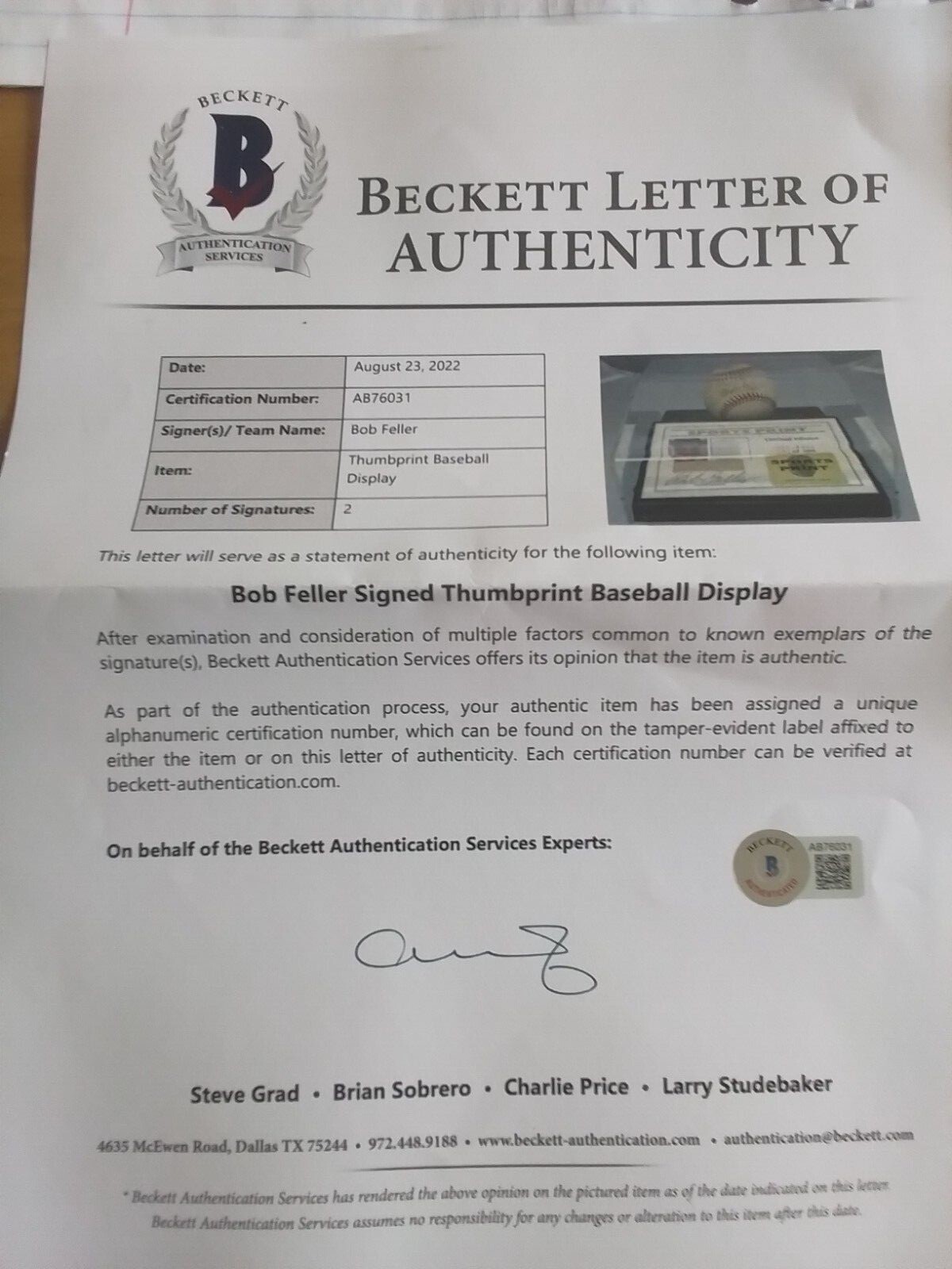 Indians Bob Feller Signed Thumbprint Baseball LE #'d/200 w/ Display Case BAS