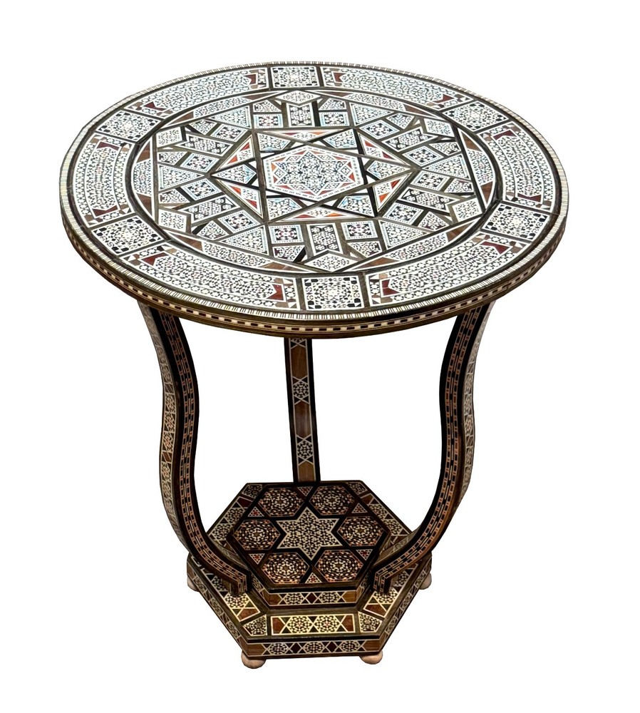 Outstanding Middle Eastern Handcrafted Round Side Table with Geometric Inlay