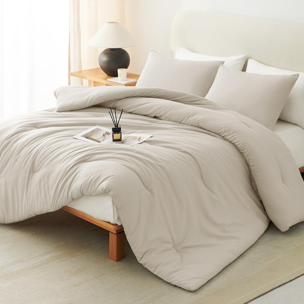 CozyLux King Size Comforter Set Oatmeal, 3 Pieces Solid King, Oatmeal