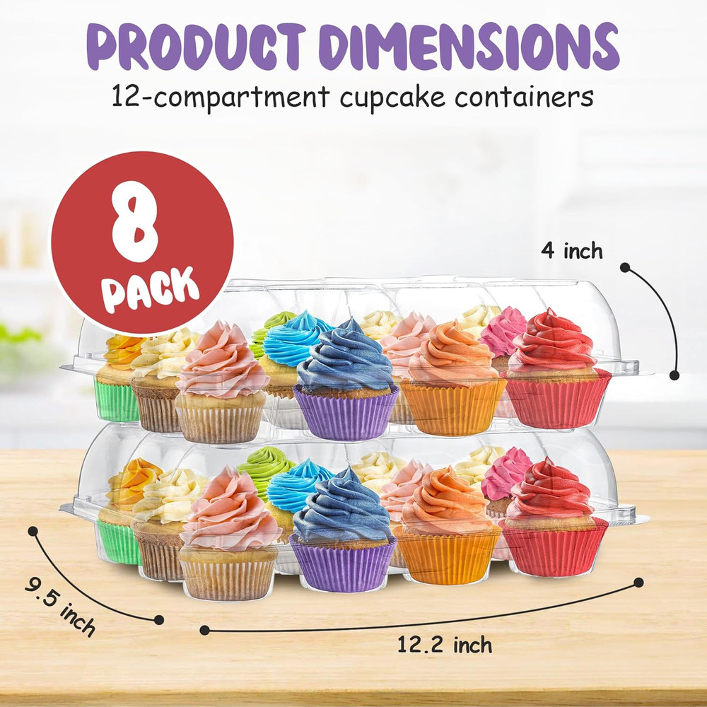 Plastic Cupcake Containers Boxes | 12 Compartment – 8 Pack | Disposable High Dom