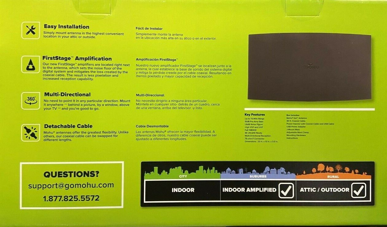 MOHU Sail Amplified Outdoor/Attic Multi-Directional HDTV Antenna 75-Mile Range