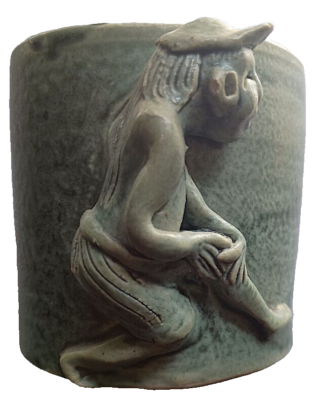Mug or Container, Celedon, Ceramic, Rice Field Worker, Only One, 3" by 3"
