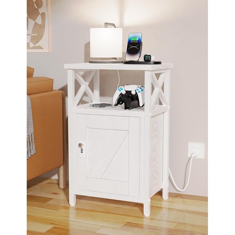 Nightstand W/ Lock USB Charging Station Large Storage Multi-Function Design