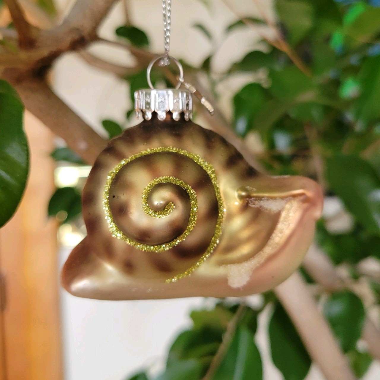 Midwest CBK Glass Brown Green Snail Mollusk Christmas Tree Ornament Glitter