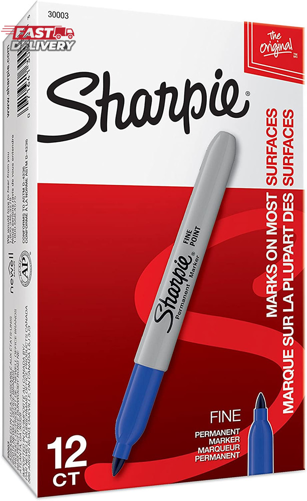 Sharpie Permanent Markers, Fine Point, Blue, 12 Count