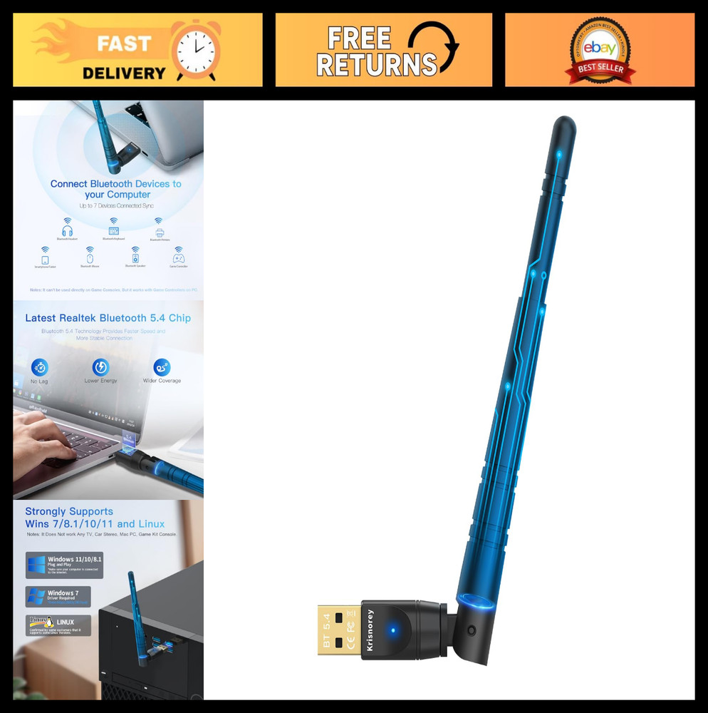 Long Range Bluetooth 5.4 USB Adapter for PC, High Gain 5dBi Wireless Dongle for