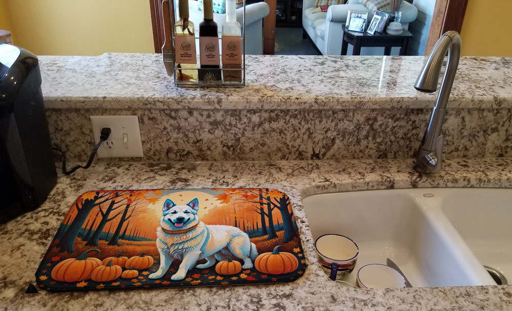 White German Shepherd Fall Dish Drying Mat