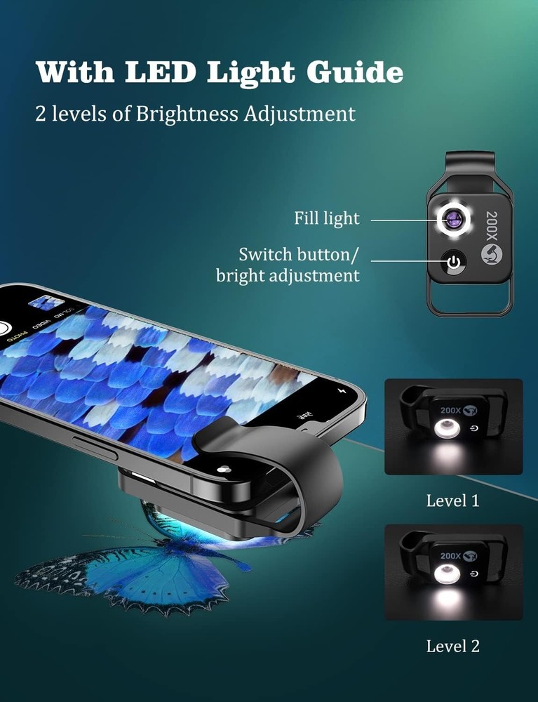 LED-Illuminated 200X Phone Microscope Camera Attachment - Gift for Curious Minds
