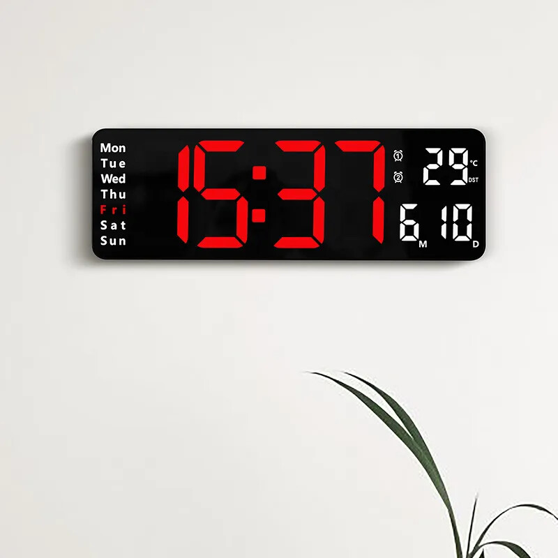 Large LED Digital Wall Clock Remote Control Temp Date Week Display Memory Watch