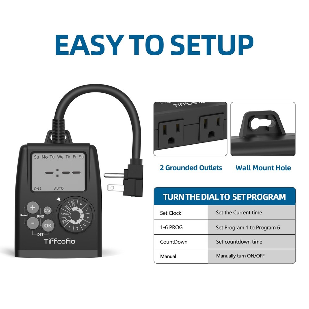 TiFFCOFiO Digital Outdoor Timer Outlet, Dial Programmable 1 PACK, Black