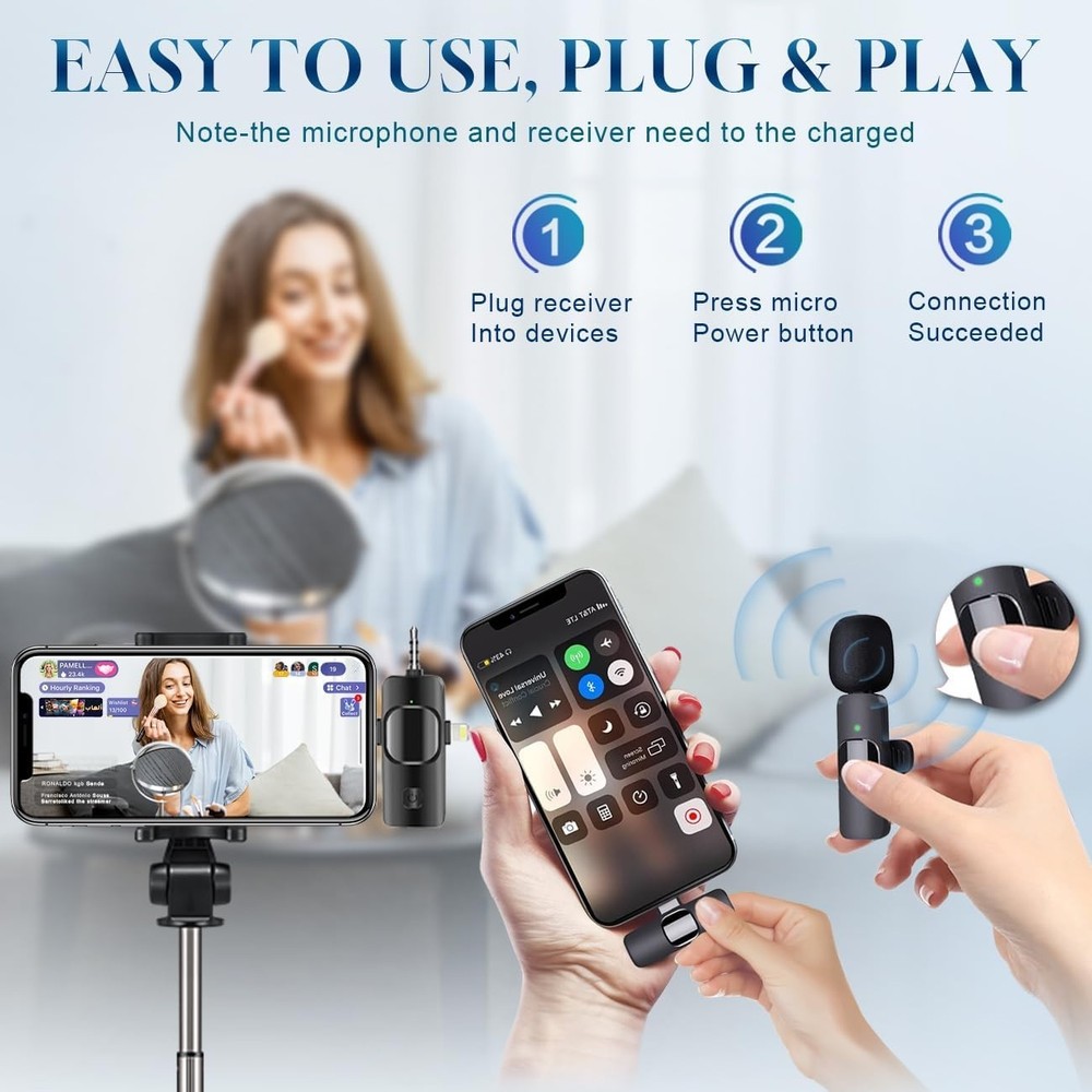 Compact Wireless Lavalier Microphone for iPhone & Android - 12-Hour Battery Life