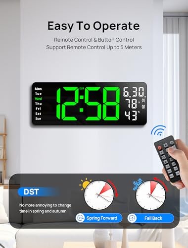 17.3" Large Digital Wall Mount Clock, Digital Clock with Remote Control, Green