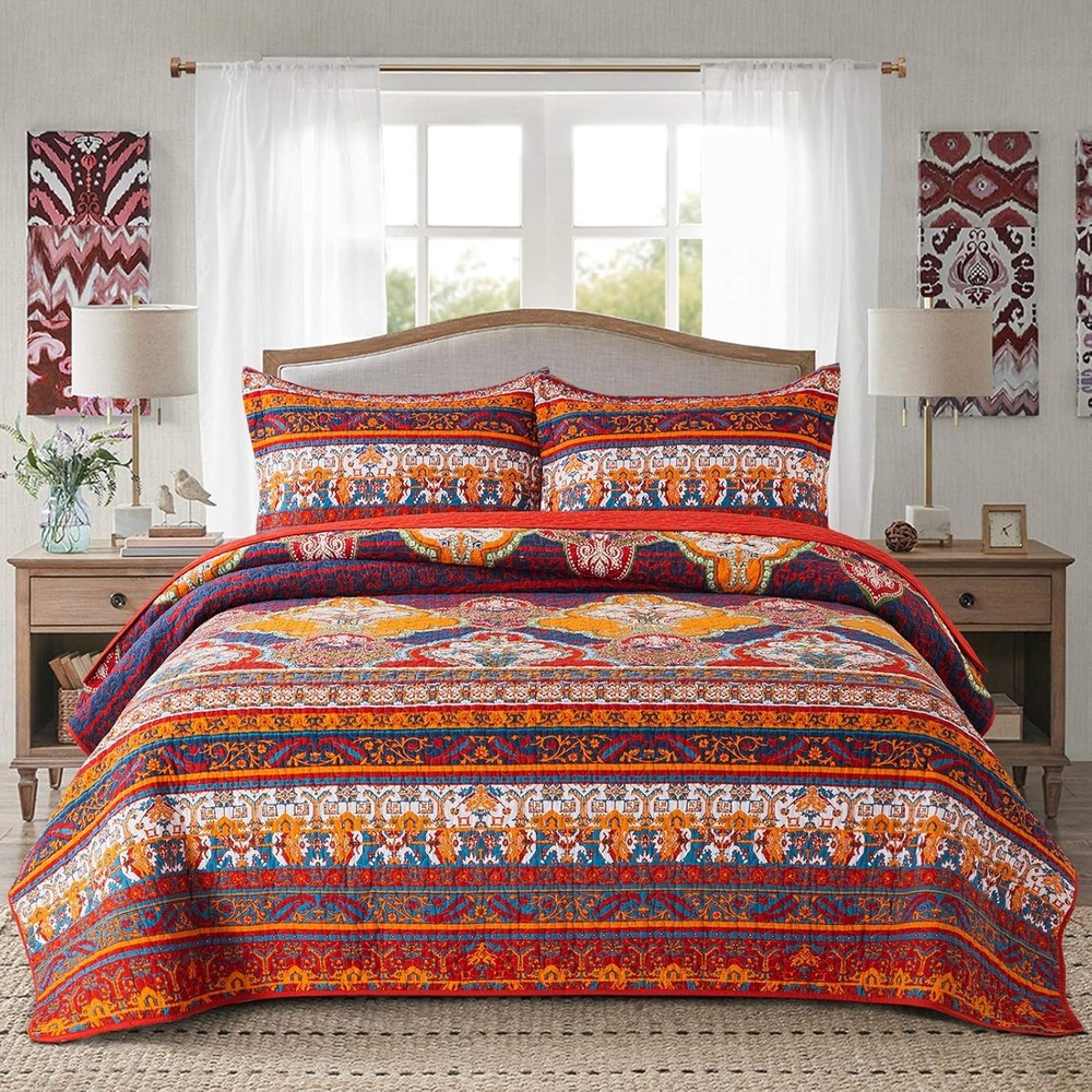 Cotton Bedspread Quilt Sets-Reversible Patchwork Coverlet Set Boho Chic
