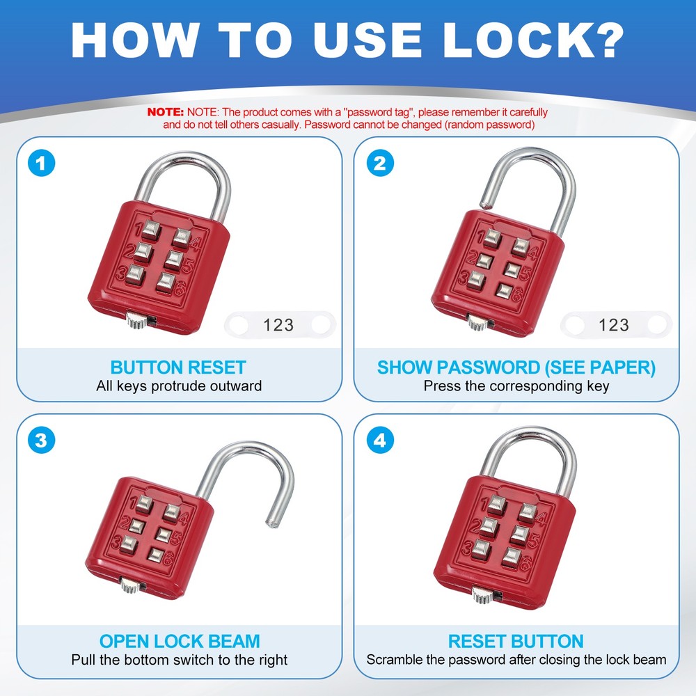 Push Button Combination Padlock 6-Digit 3-Position Lock Red