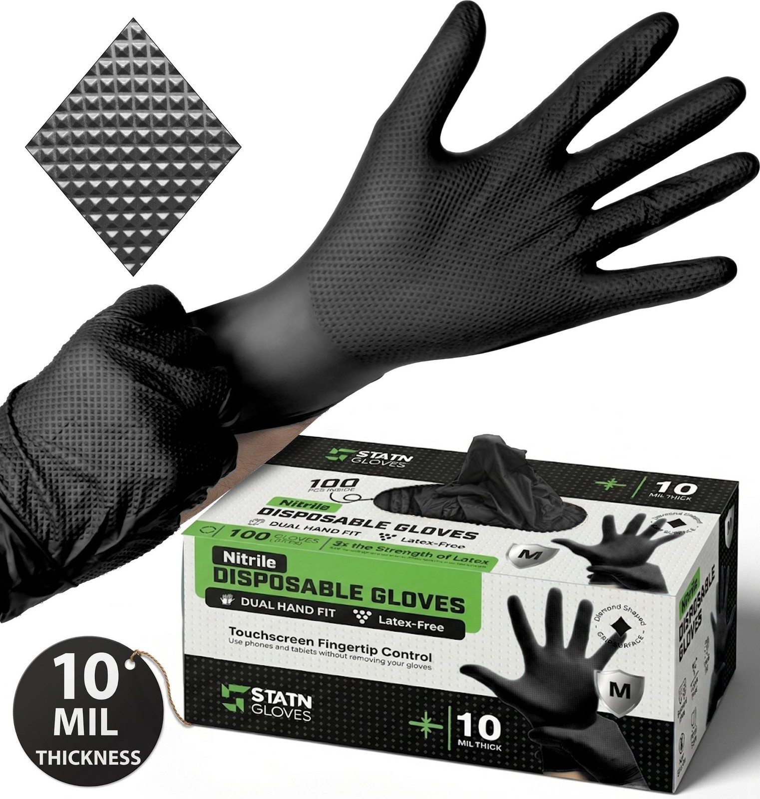 10 Mil Nitrile Non-Sterile Mechanics Gloves | Heavy Duty Disposable | Diamond Te