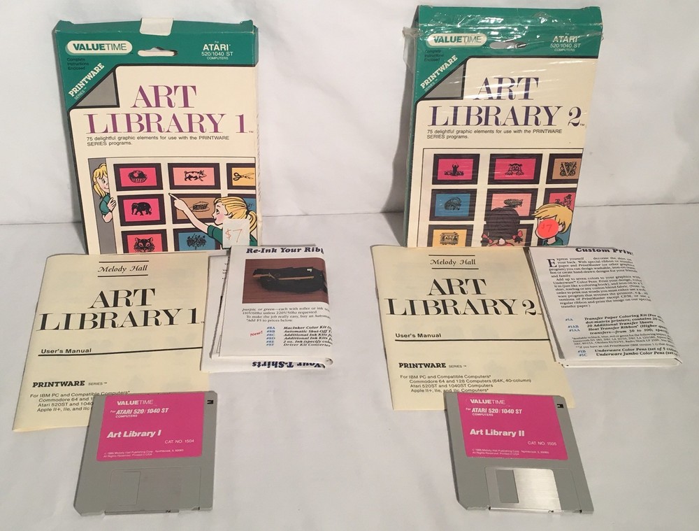 ART LIBRARY 1 & 2 Atari ST 3.5" Floppy Disk Software Boxed W/ Manual CIB