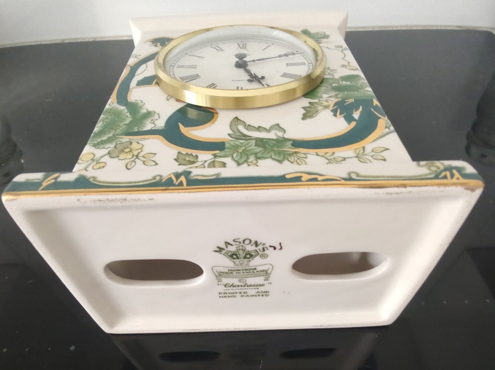 Masons Chartreuse Ironstone 8" Carriage Mantle Clock . The clock does not work.