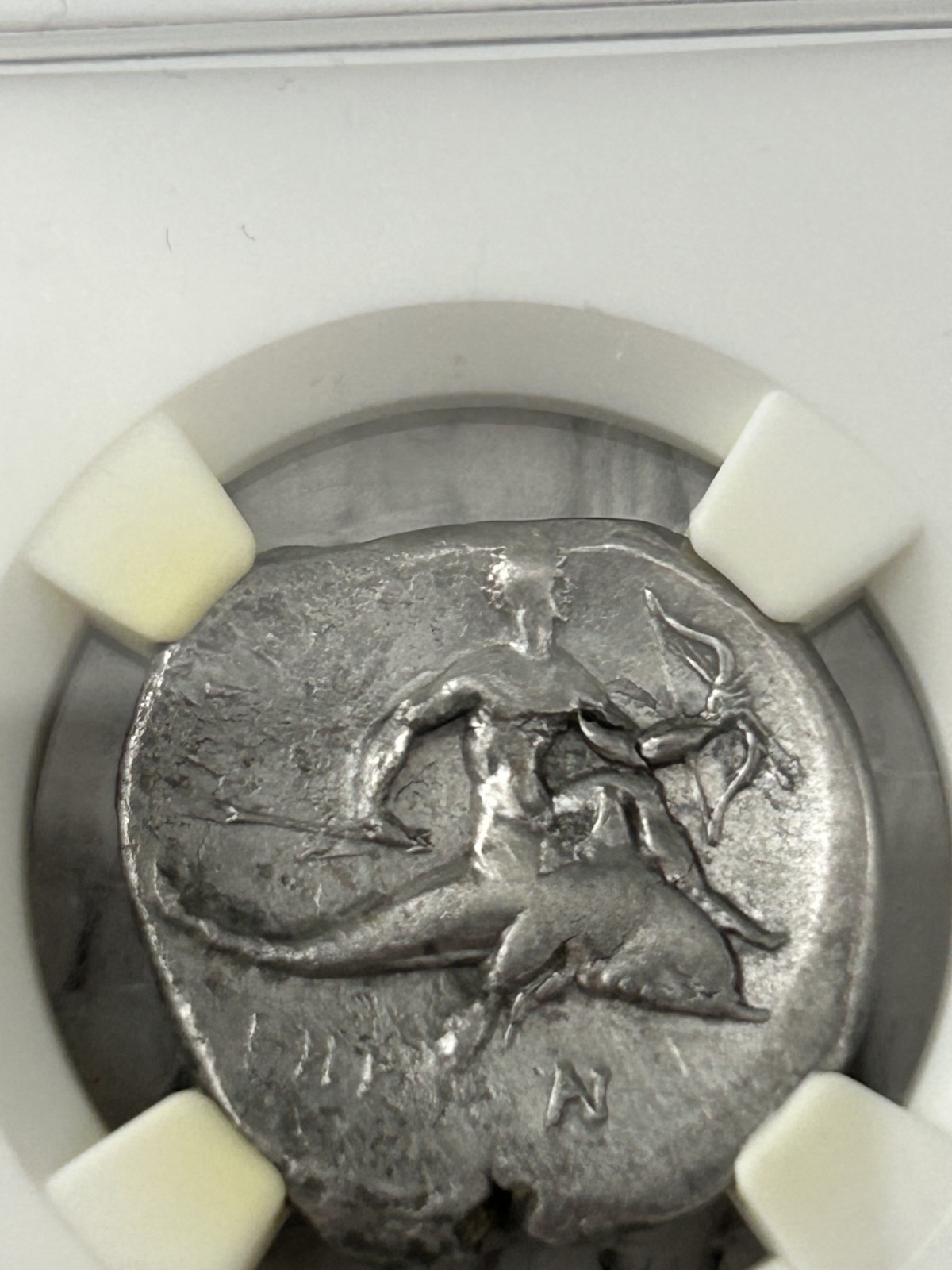 CALABRIA, TARAS c.332-302 BC AR Didrachm 7.91g Horseman and Dolphin NGC Ch F