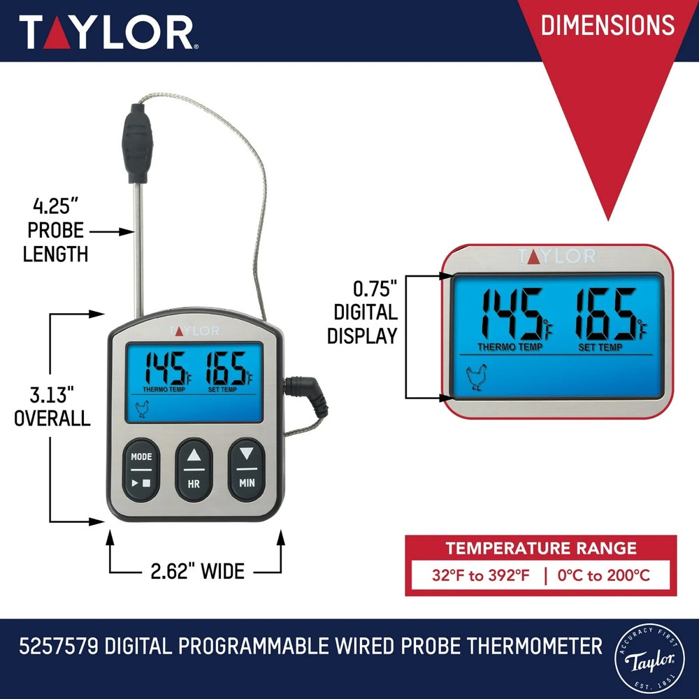 TAYLOR Digital Wired Probe Meat Thermometer w/Timer Programmable New in Package