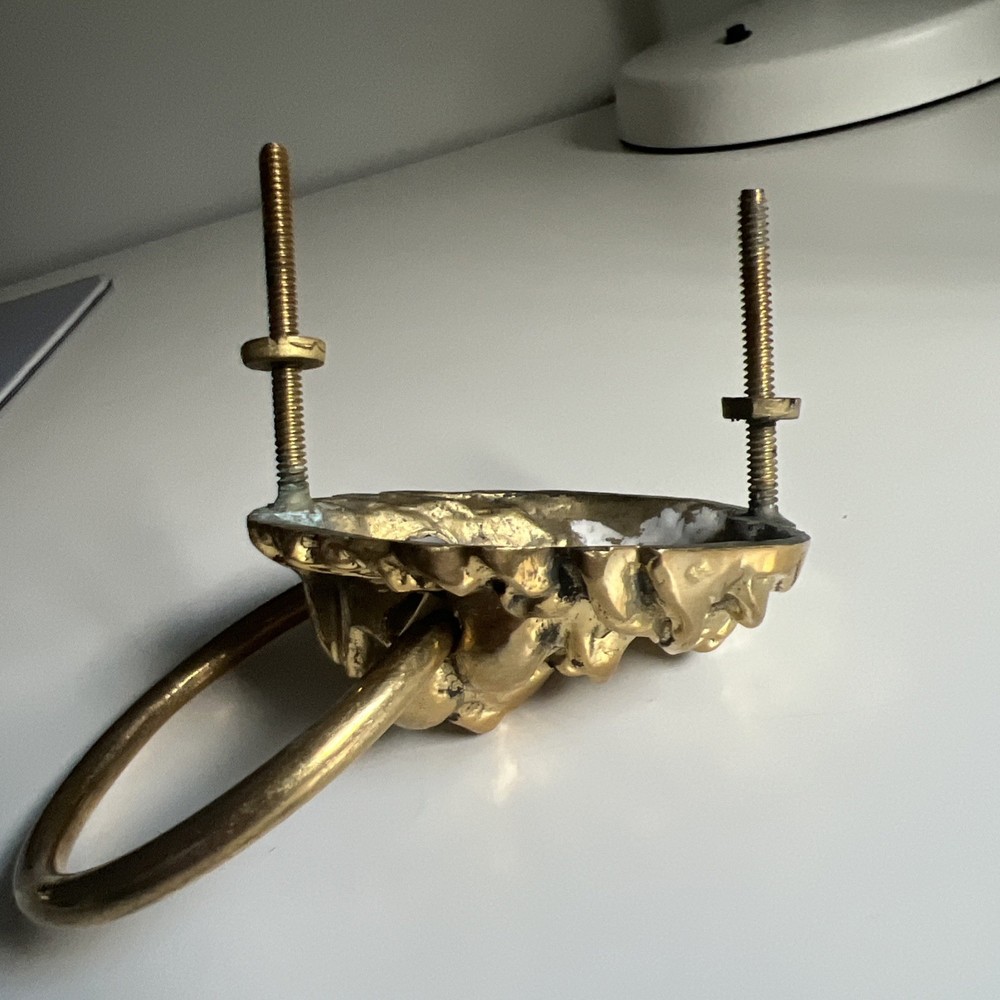 Vintage Lion Head Mask Brass Drawer Pull Ring Gold 4.5" Door Knocker Solid Large