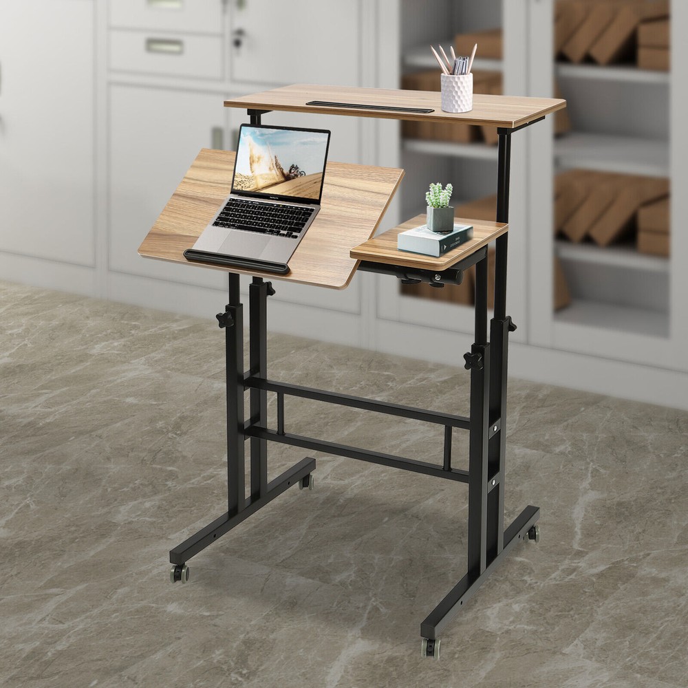 Rolling Laptop Desk Adjustable Height Computer Table Stand up Office Workstation