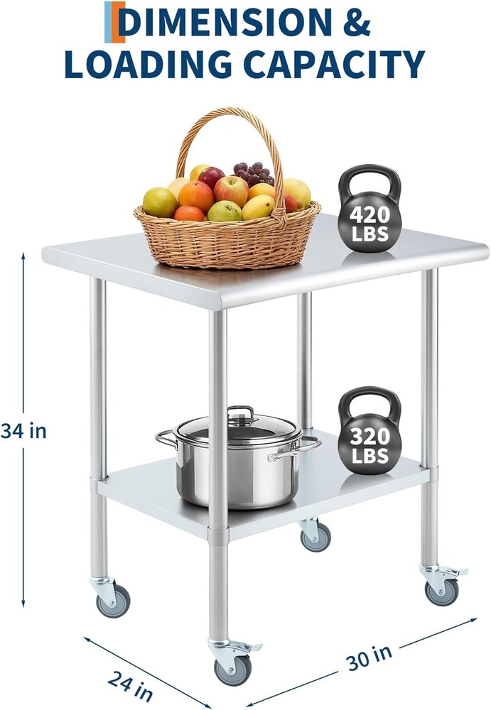Stainless Steel Table with Locking Wheels Worktable with Adjustable Under Shelf