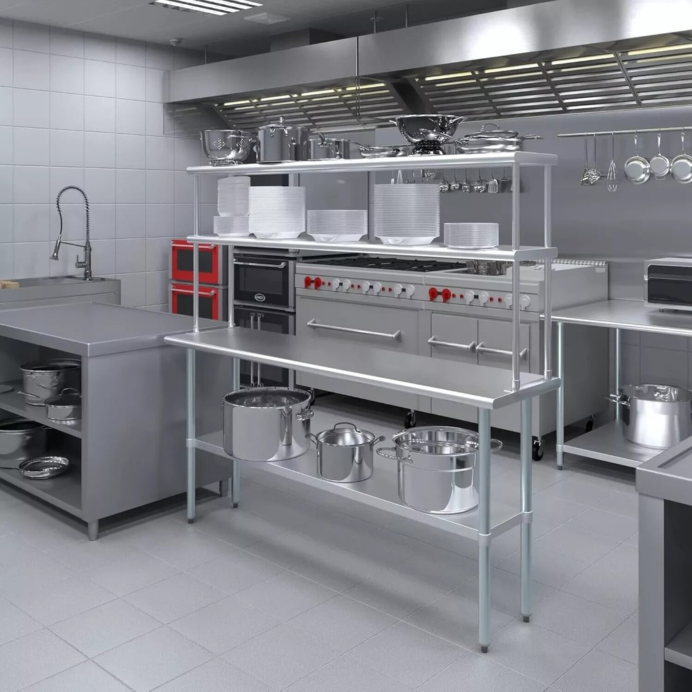 Kitchen Prep Stainless Steel Table w/ Double Overshelf, NSF Certified
